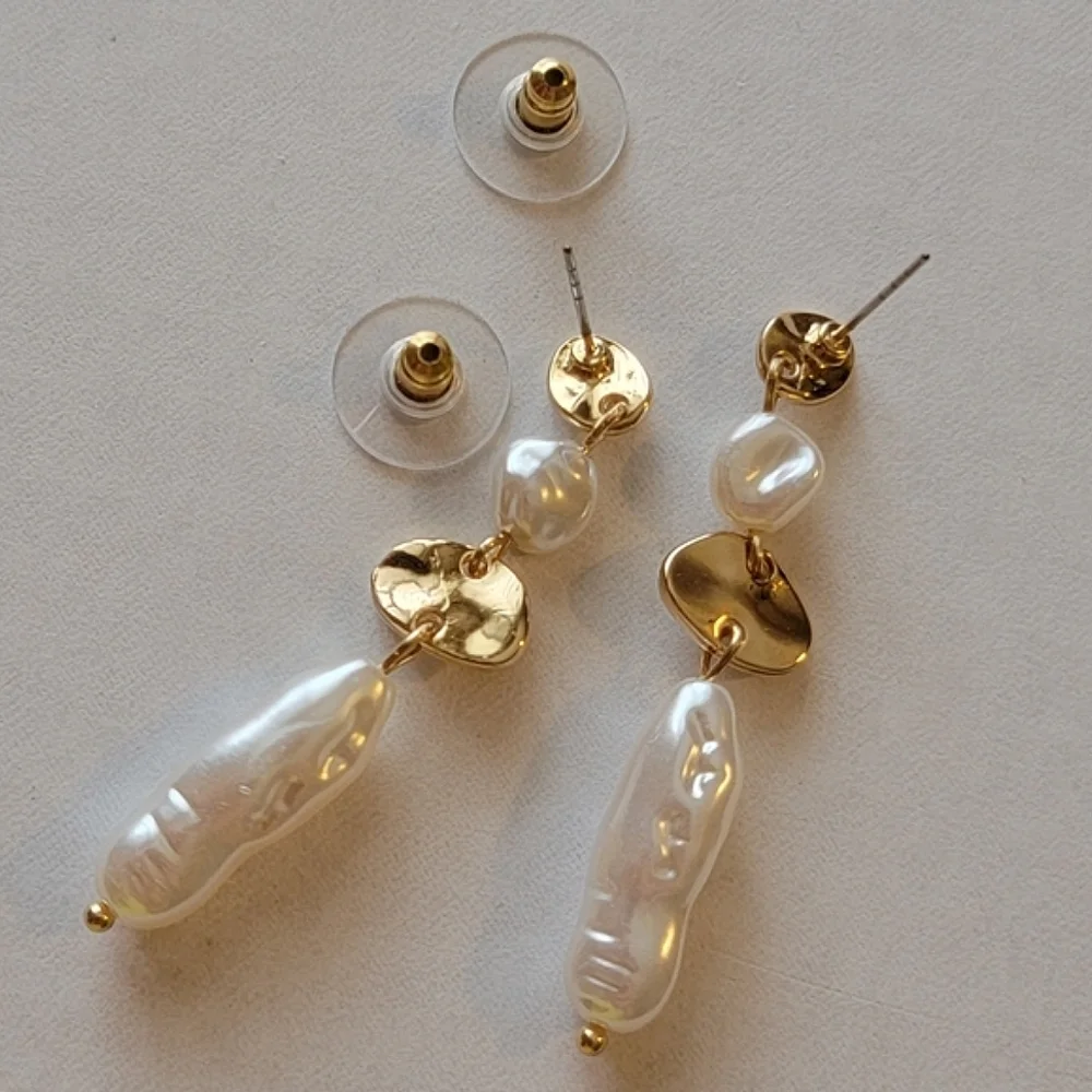 Gold Tone Pearl Linear Imitation Pearl Drop Earrings